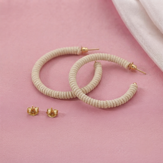 Handcrafted Beige Fabric Thread Wrapped Open Hoop Earrings for Women