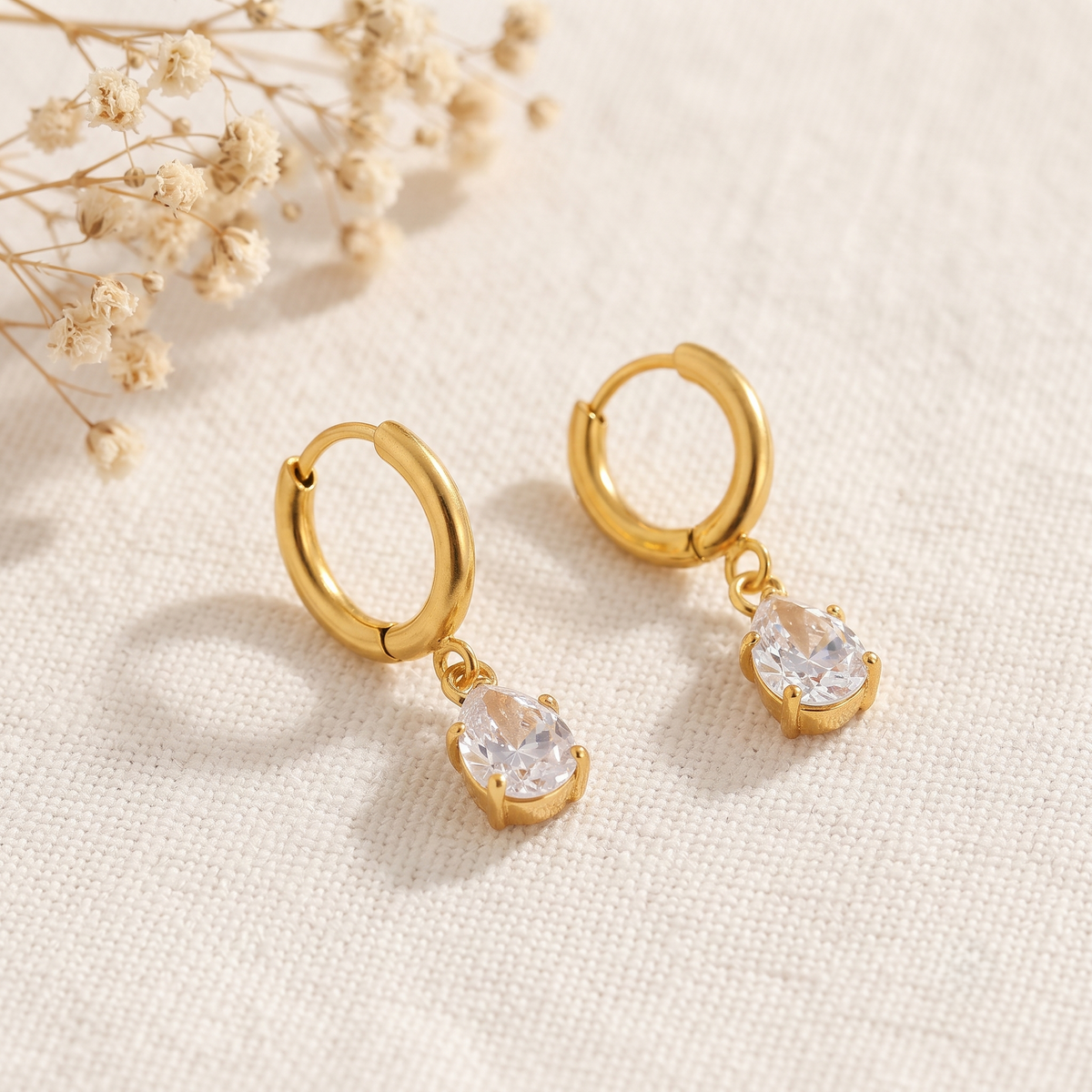 Waterproof Gold Huggie Earrings Anti Tarnish Pear Cut Clear Zirconia Charm Hoops