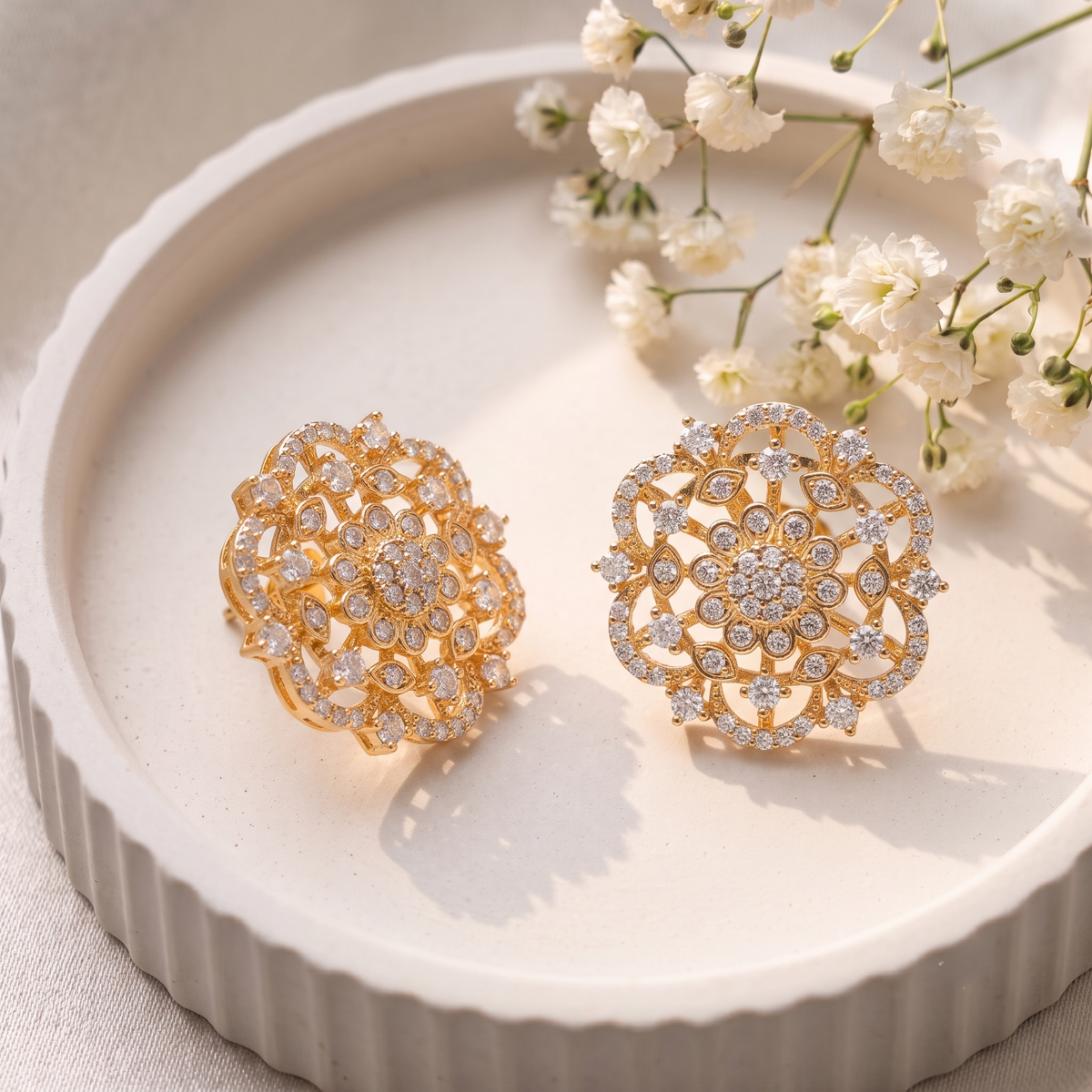 Gold Plated Brass Geometric Circular Floral American Diamond Stud Earrings for Women