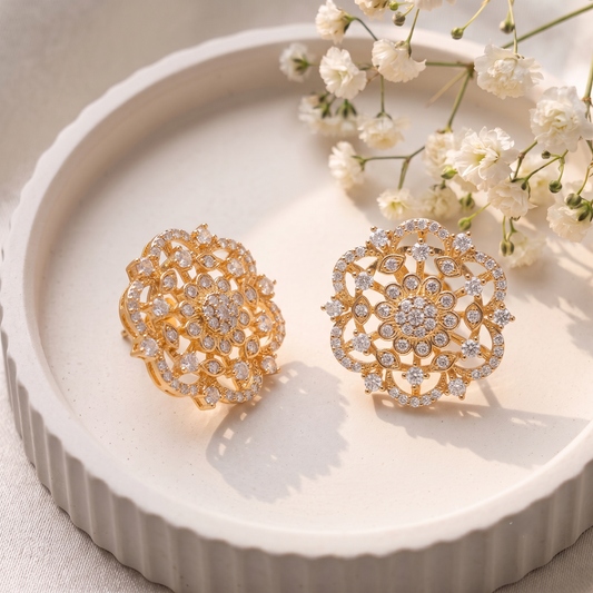 Gold Plated Brass Geometric Circular Floral American Diamond Stud Earrings for Women
