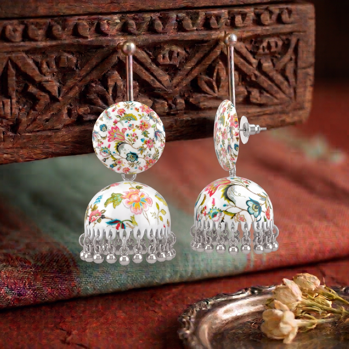 White Floral Kalamkari Print Jhumka Earrings for Women Silver Ghungroo Balis