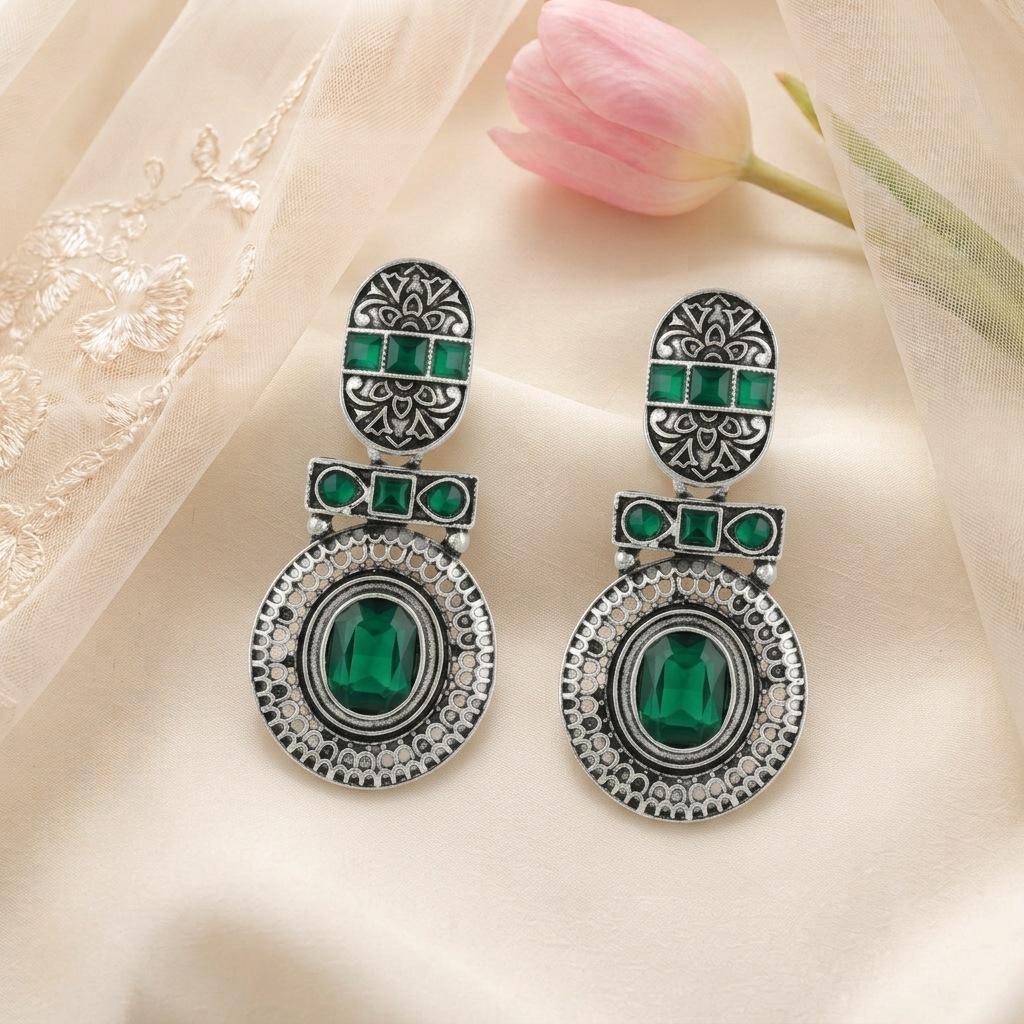 Oxidized Silver Toned Green Stone Textured Drop Earrings for Women