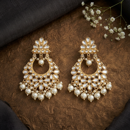 Gold Plated Kundan Chandbali Earrings with Pearls Traditional Drop Jhumka for Women