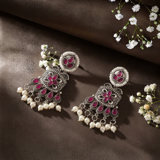 Oxidised Silver Chandelier Earrings with Pink Stones Pearl