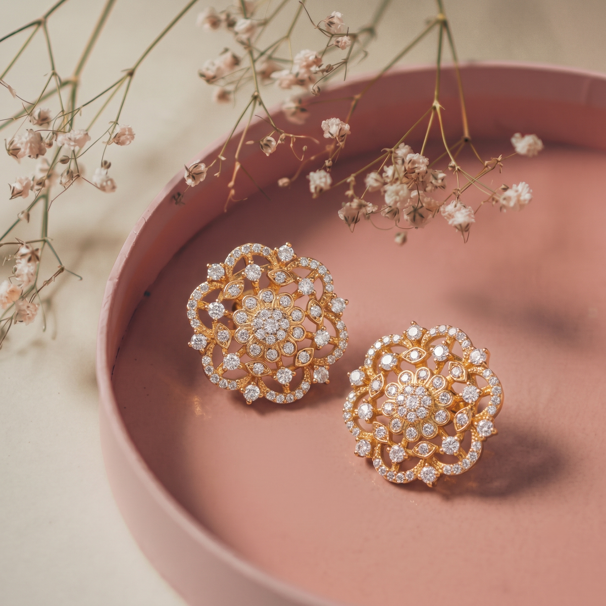 Gold Plated Brass Geometric Circular Floral American Diamond Stud Earrings for Women