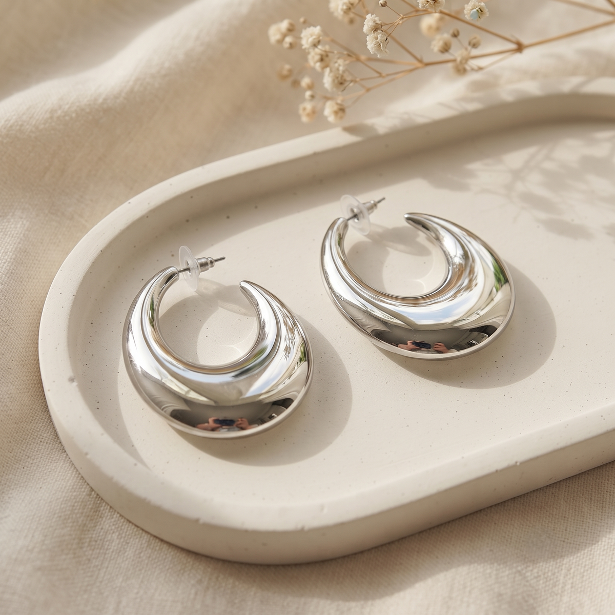 Silver Plated Chunky Waterdrop Hoop Earrings for Women Lightweight Hollow Dome Balis