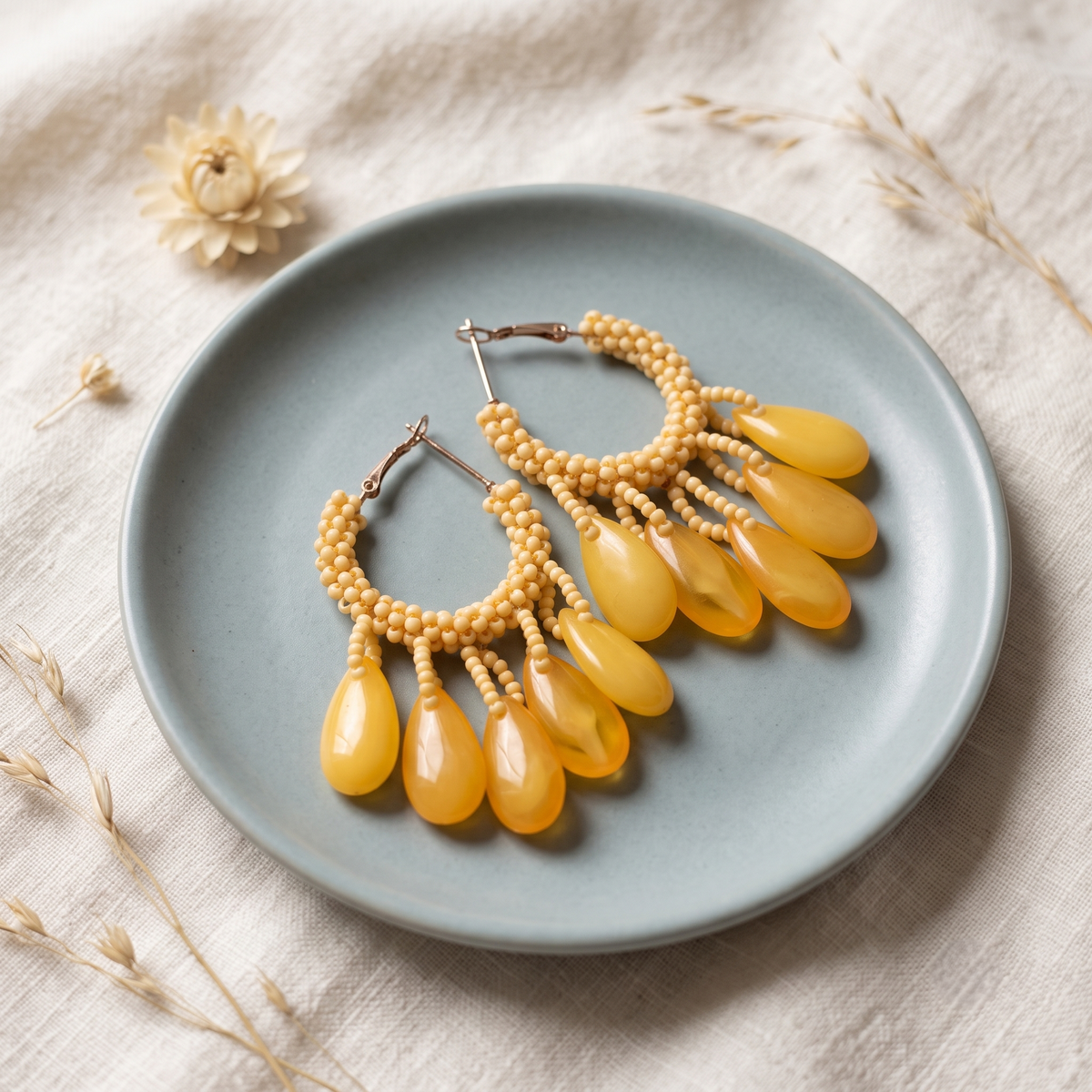 Handcrafted Yellow Seed Bead Hoop Earrings with Teardrop Dangle Tassels for Women