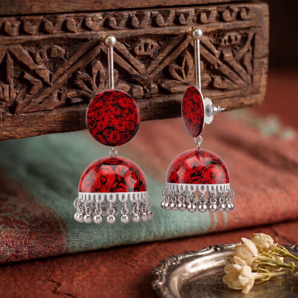 Red Rose Printed Jhumka Earrings for Women Silver Ghungroo Balis