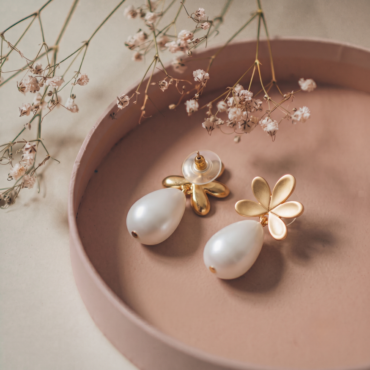Gold Plated Flower Stud Earrings with Pearl Drops
