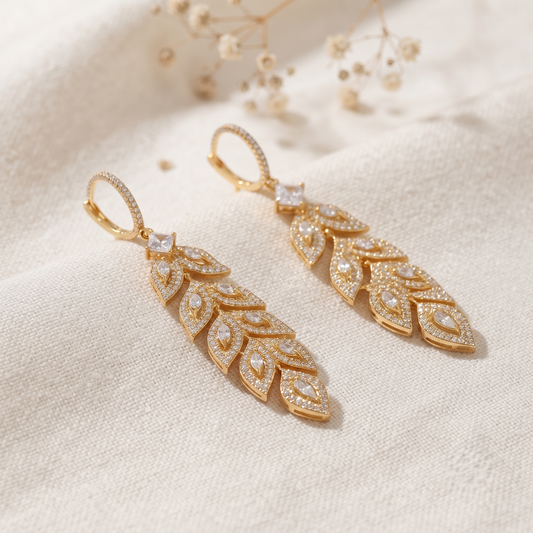 Gold Plated Brass Long Leaf Drop Earrings with Clear Micro Pavé Crystals
