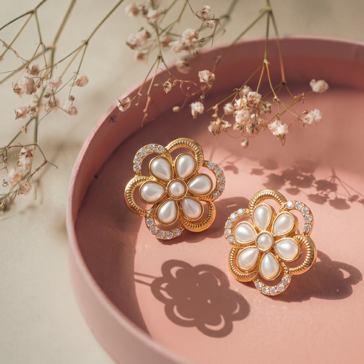 Gold Plated Floral Motif White Stone and CZ Diamond Stud Earrings for Women