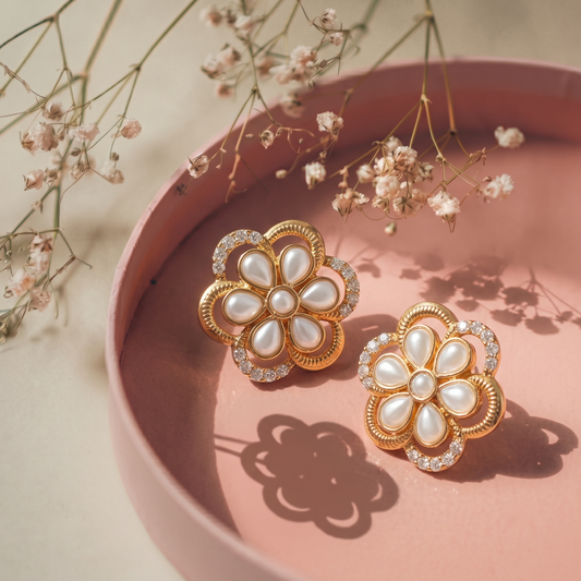 Gold Plated Floral Motif White Stone and CZ Diamond Stud Earrings for Women