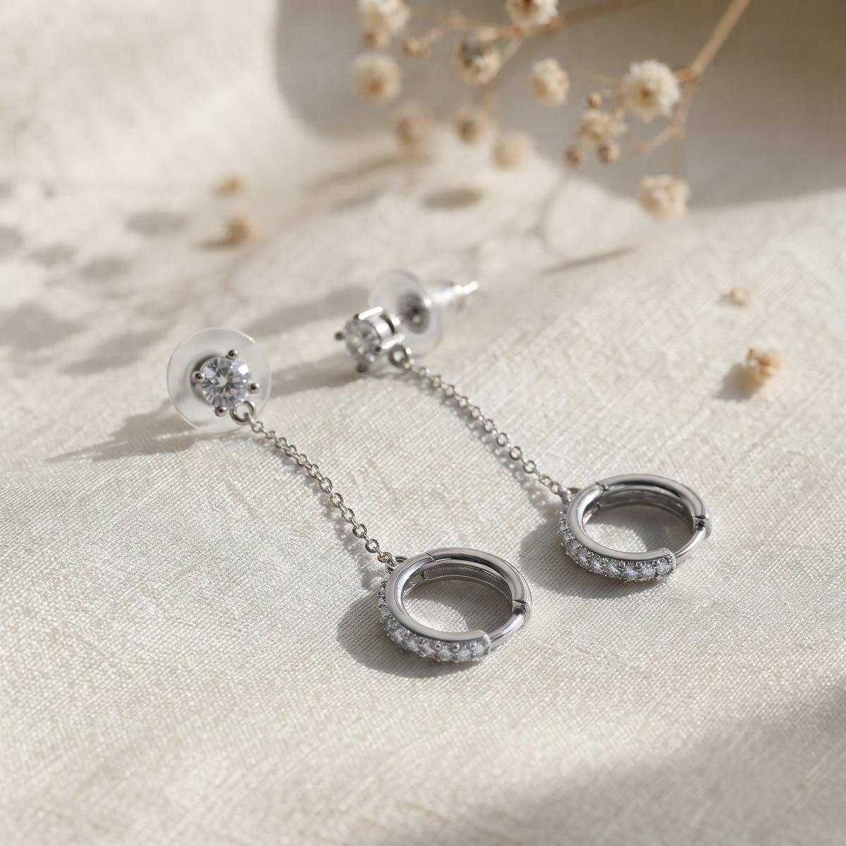 Silver Plated Brass Solitaire Stud Long Chain Drop Huggie Hoop Earrings