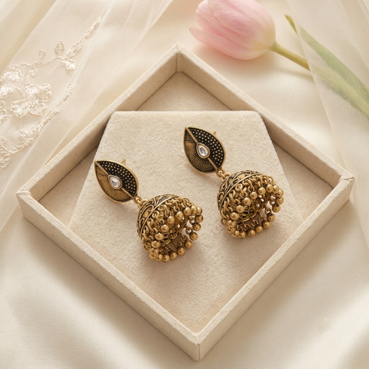 Antique Gold Dome Jhumka Earrings Textured Teardrop Stud Hanging Jhumki