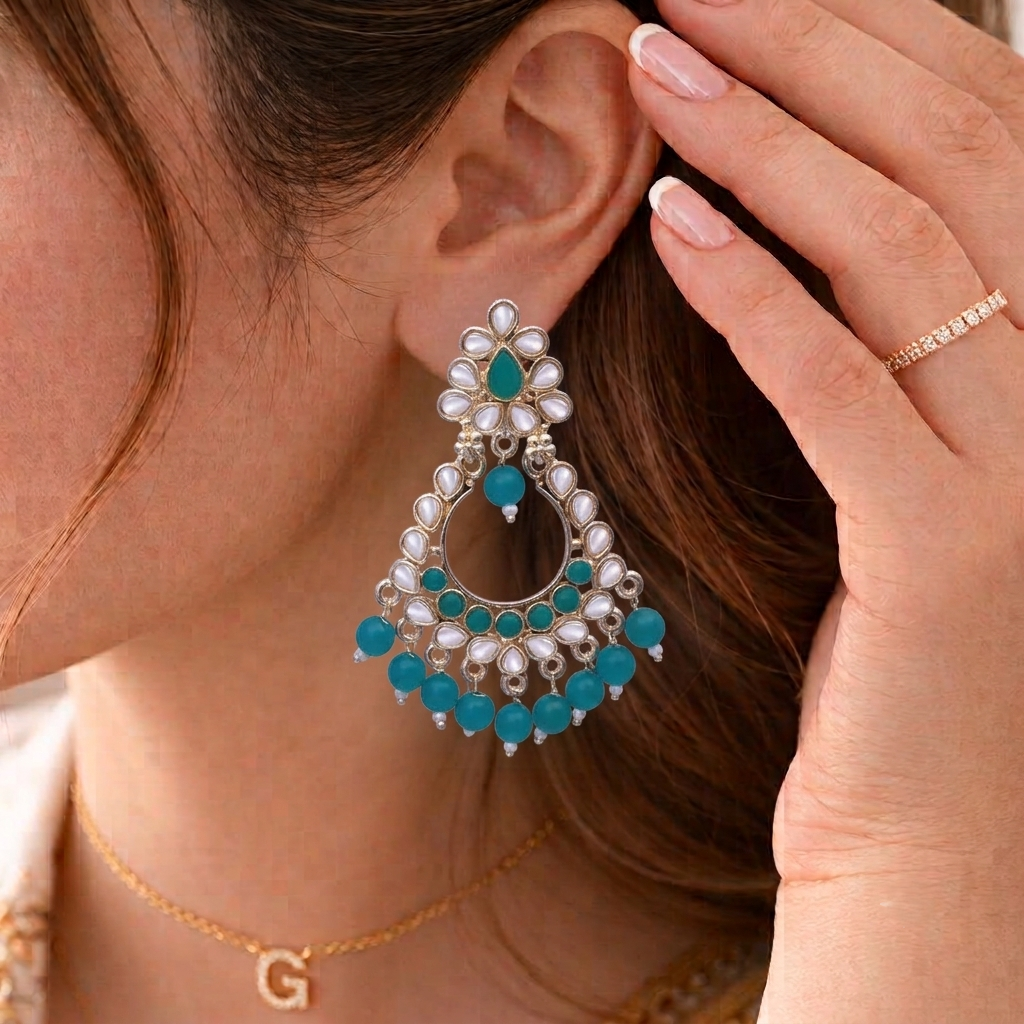 Gold Plated Traditional Wedding Kundan Chandbali Earrings with Teal Beads