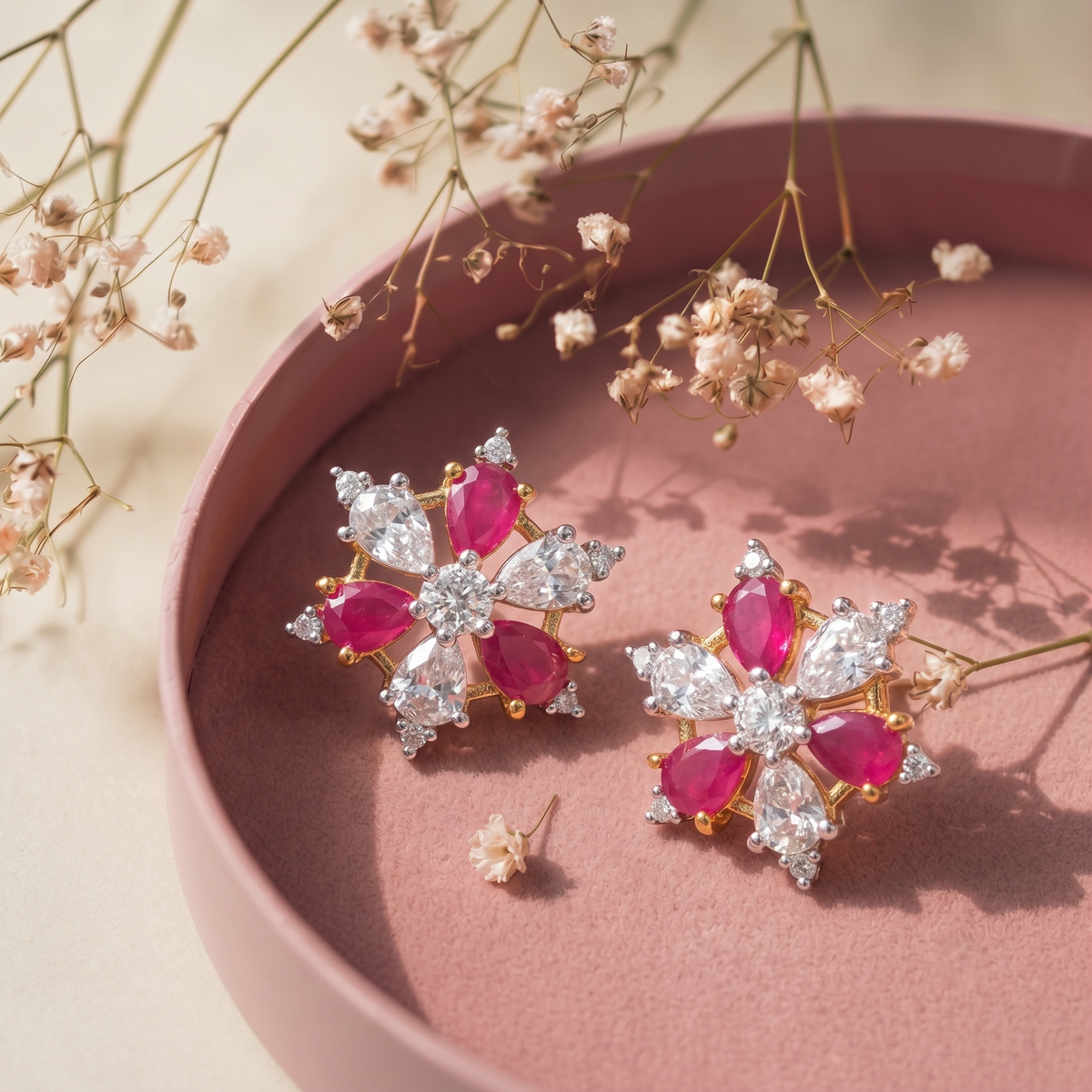 Gold Plated Pink and White American Diamond Studded Floral Stud Earrings