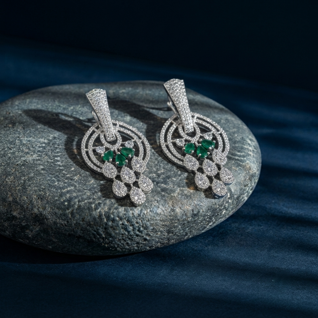 Silver Plated Brass Emerald Green and White CZ Stone Studded Chandbali Earrings