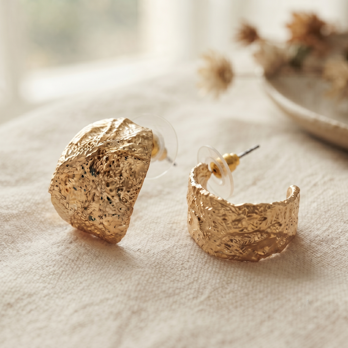Gold Plated Molten Lava Textured Chunky Open Hoop Earrings for Women