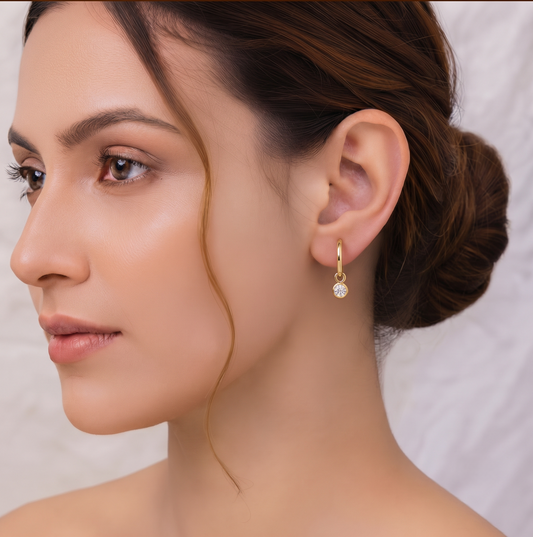 Gold Plated Brass Huggie Hoop Earrings with Solitaire Crystal Drop Charm