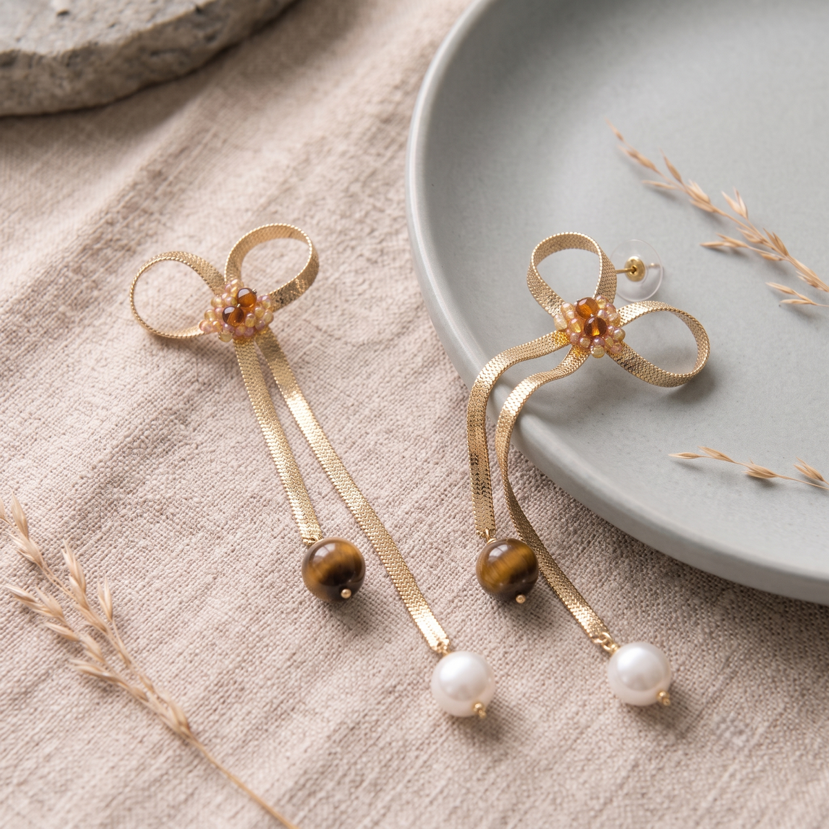 Gold Plated Mesh Ribbon Bow Long Drop Earrings for Women Pearl & Tiger Eye Balis