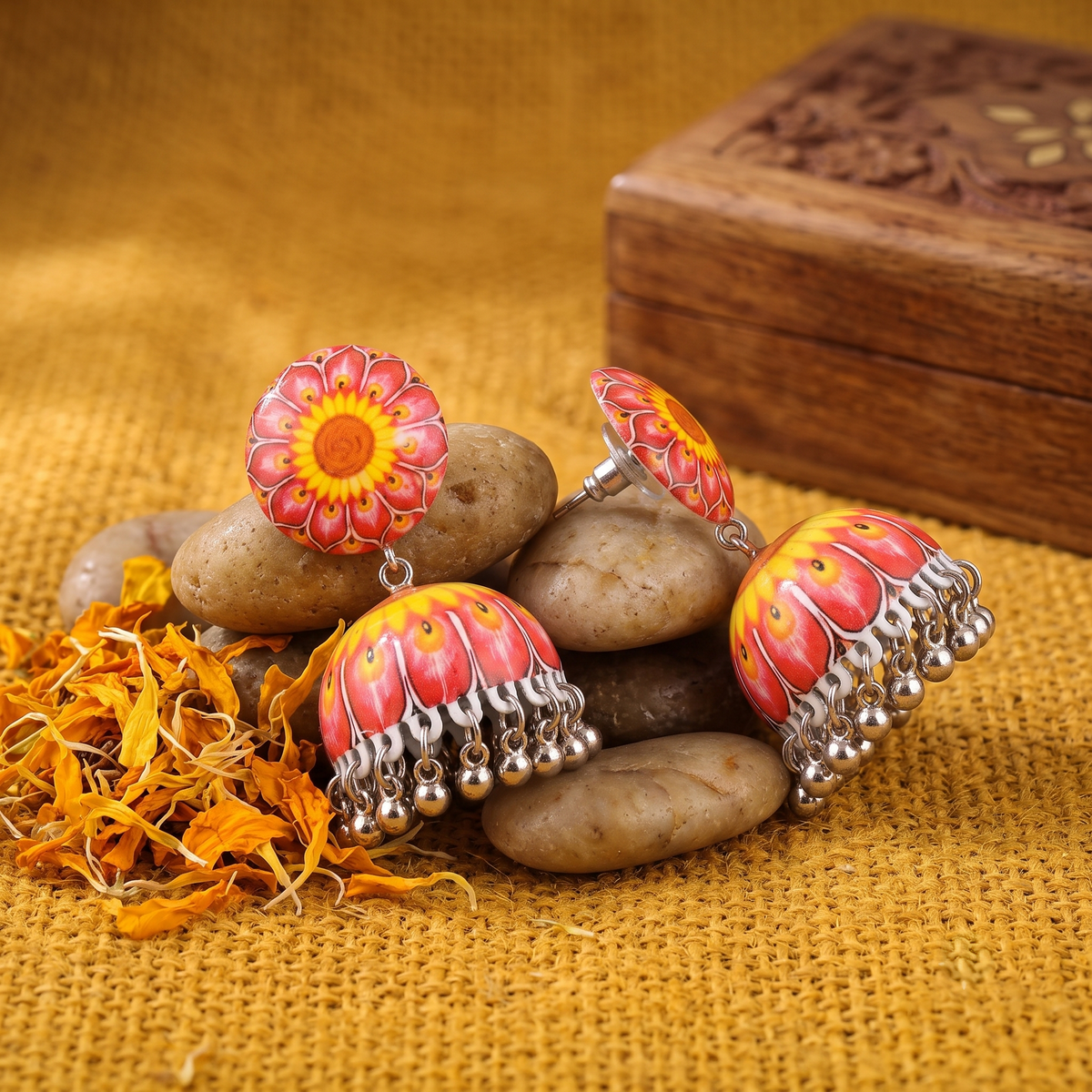 Pink and Yellow Floral Mandala Print Jhumka Earrings for Women Silver Ghungroo Balis