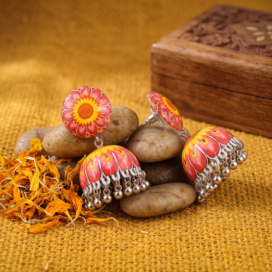 Pink and Yellow Floral Mandala Print Jhumka Earrings for Women Silver Ghungroo Balis