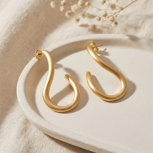 Gold Plated Smooth Matte Finish Abstract S-Shape Open Hoop Earrings for Women