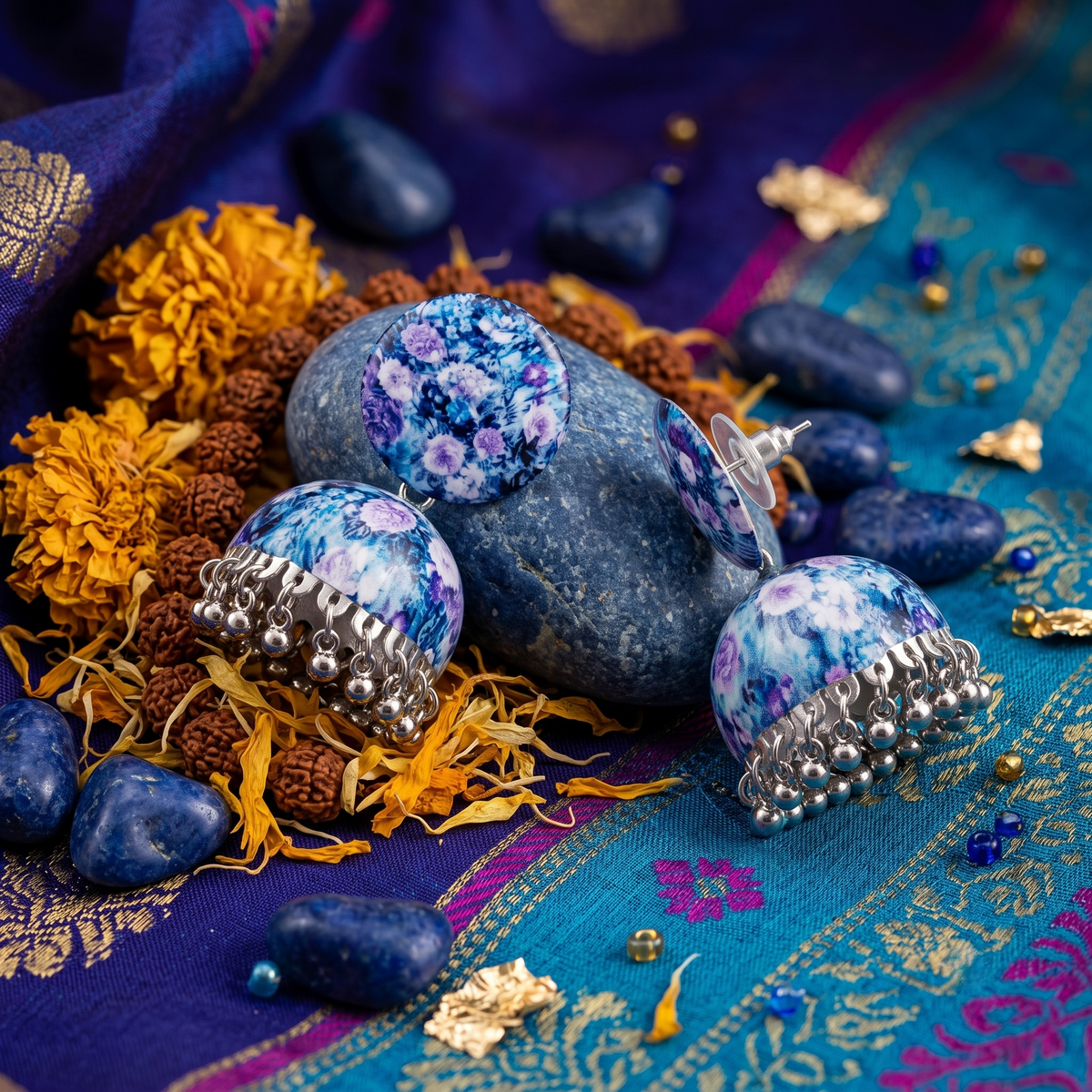 Blue and Purple Floral Print Jhumka Earrings for Women Silver Ghungroo Balis