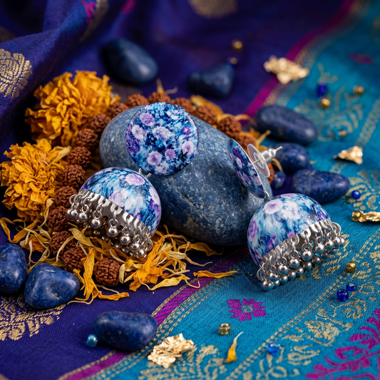 Blue and Purple Floral Print Jhumka Earrings for Women Silver Ghungroo Balis