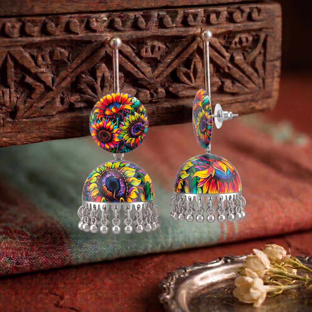 Sunflower Printed Jhumka Earrings for Women Silver Ghungroo Balis
