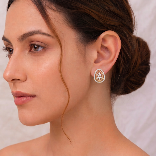 Gold Plated Brass Oval Filigree American Diamond Stud Earrings for Women