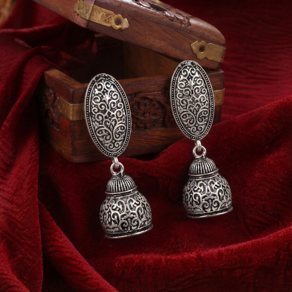 Oxidised Silver Oval Carving Traditional Jhumka Earrings