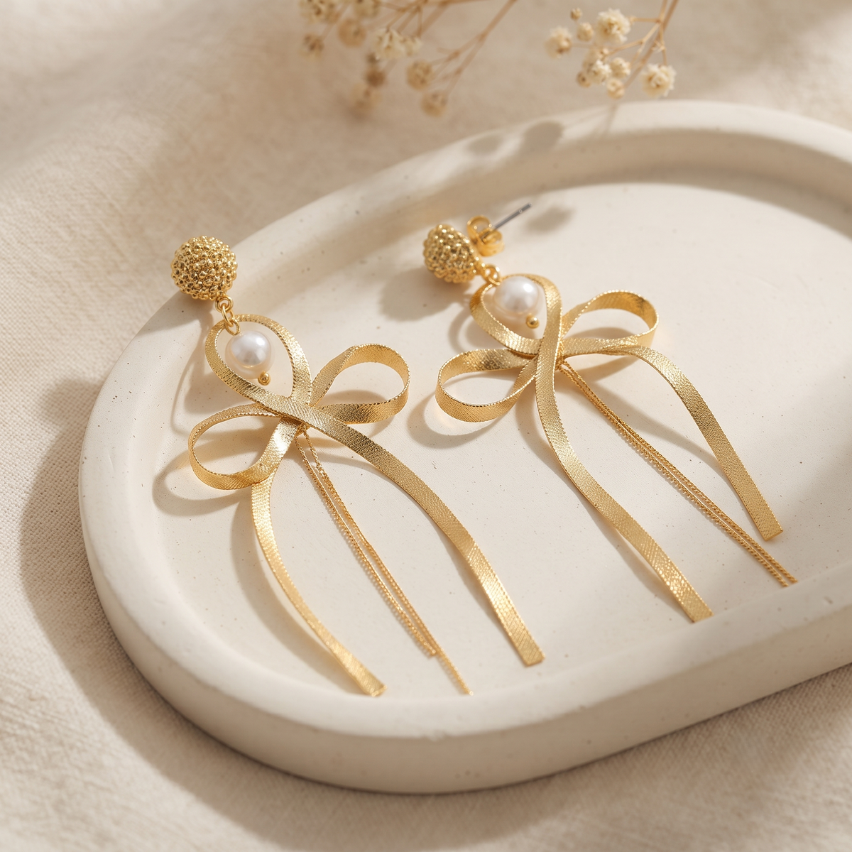 Gold Plated Textured Mesh Bow Tassel Drop Earrings for Women Long Ribbon Hanging Balis