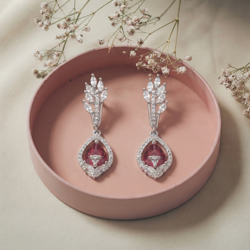 Silver Plated Brass Ruby Red and White CZ Diamond Marquise Leaf Drop Earrings for Women