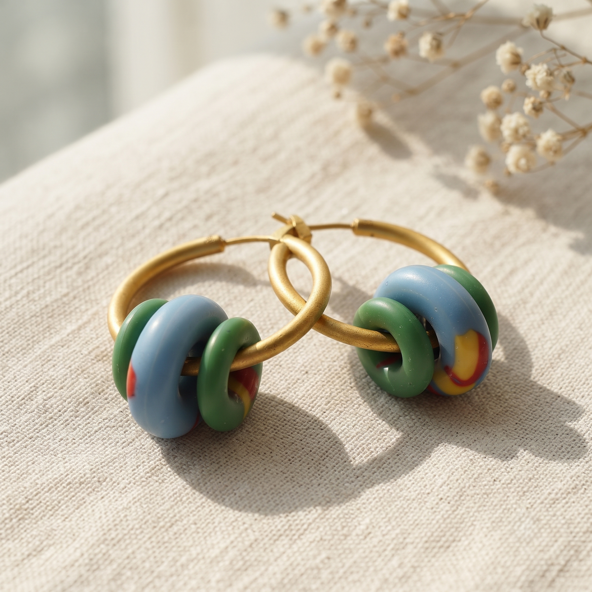 Gold Plated Hoop Earrings with Colorful Bead Charms for Women Trendy Bali Earrings