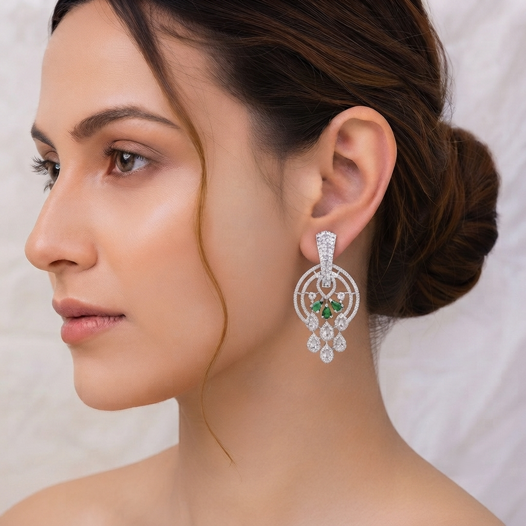 Silver Plated Brass Emerald Green and White CZ Stone Studded Chandbali Earrings
