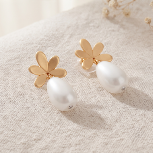 Gold Plated Flower Stud Earrings with Pearl Drops