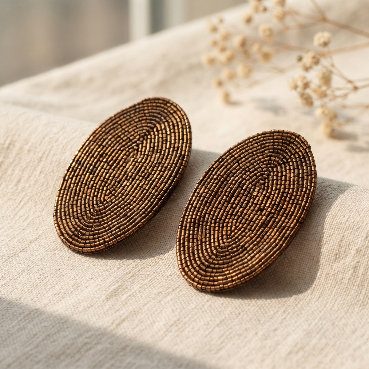 Handcrafted Bronze Metallic Seed Bead Oval Stud Earrings for Women Boho Statement Tops