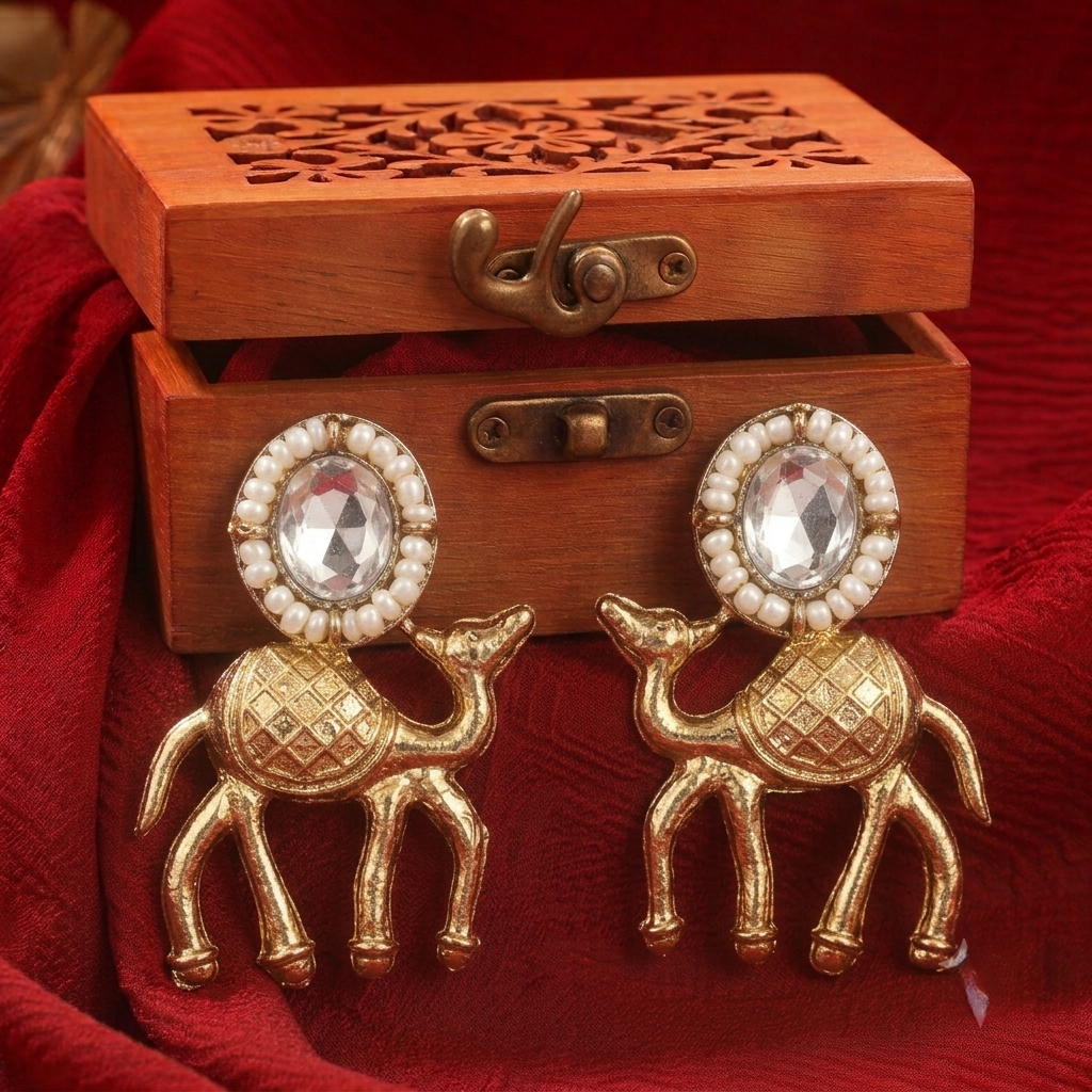 Traditional Rajasthani Gold Camel Motif Earrings with Pearls