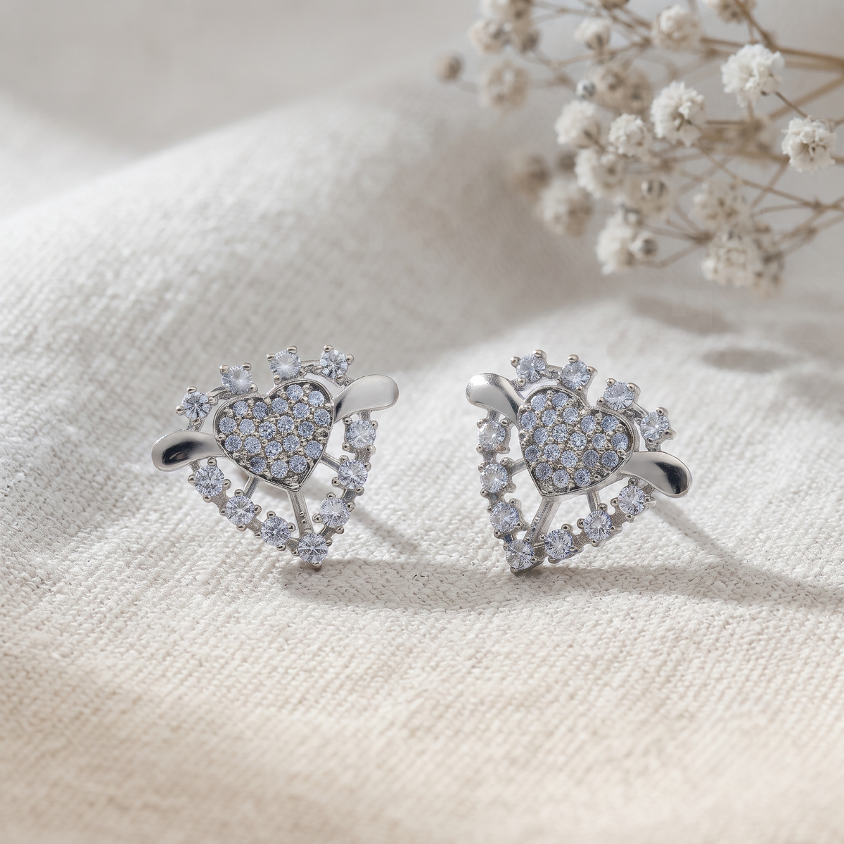 Silver Plated Brass Winged Heart Stud Earrings with Crystal Pavé