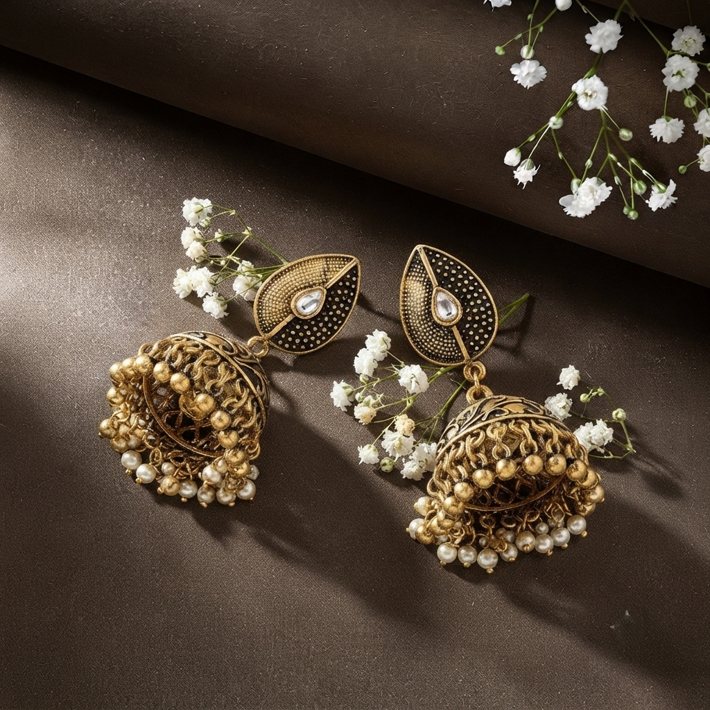 Antique Gold Dome Jhumka Earrings Textured Teardrop Stud Hanging Jhumki
