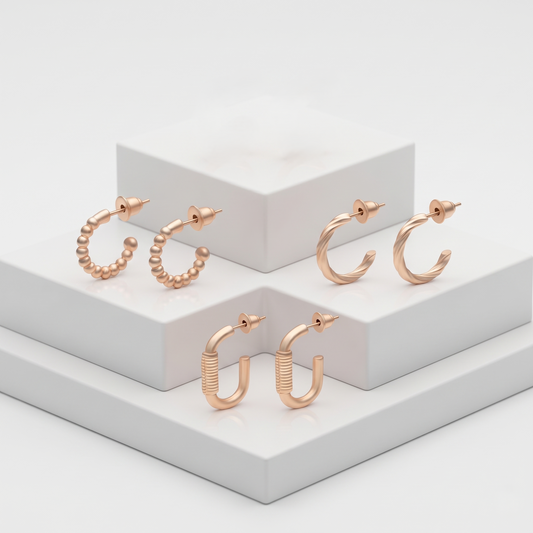 Rose Gold Plated Open Hoop Earrings 3 Pairs Combo Minimalist Balis