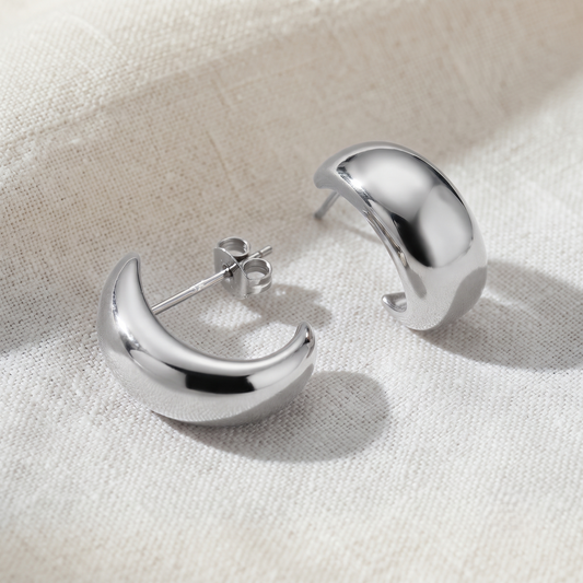Silver Plated Brass Chunky Crescent Dome J-Hoop Stud Earrings