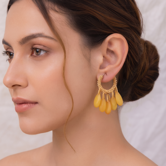 Handcrafted Yellow Seed Bead Hoop Earrings with Teardrop Dangle Tassels for Women