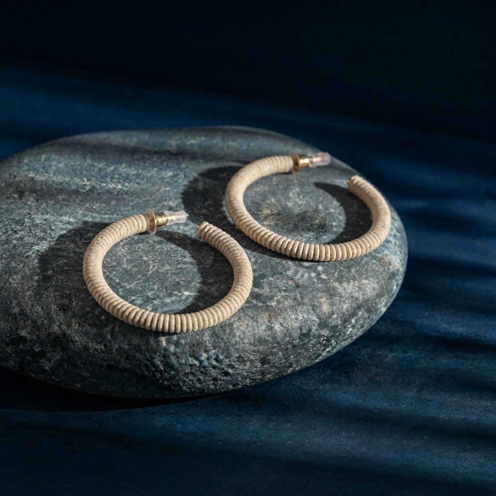 Handcrafted Beige Fabric Thread Wrapped Open Hoop Earrings for Women