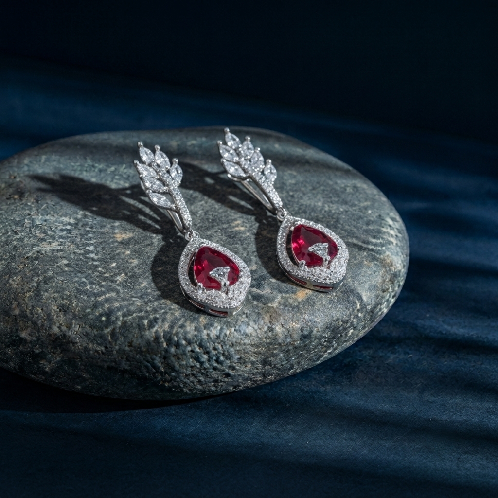 Silver Plated Brass Ruby Red and White CZ Diamond Marquise Leaf Drop Earrings for Women