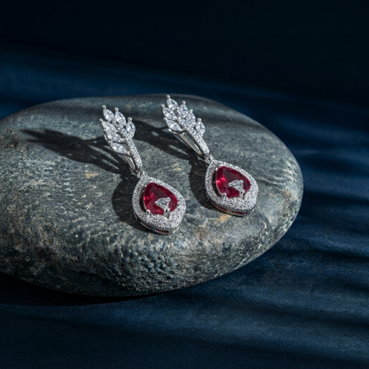Silver Plated Brass Ruby Red and White CZ Diamond Marquise Leaf Drop Earrings for Women
