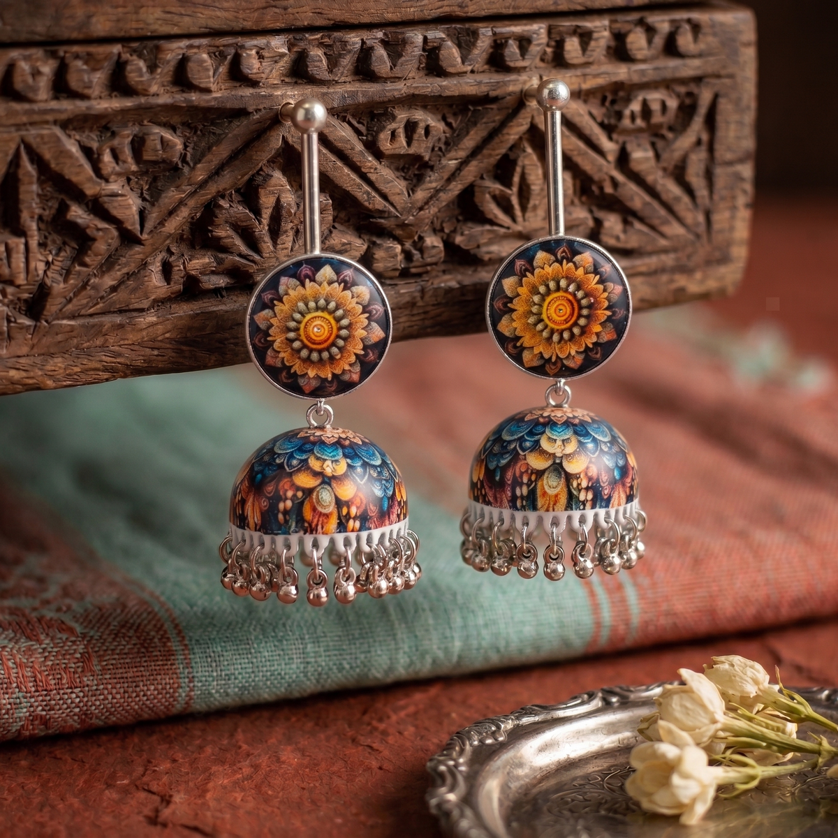 Multicolor Mandala Print Jhumka Earrings for Women Silver Ghungroo Balis