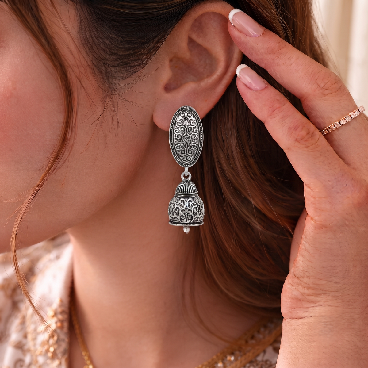 Oxidised Silver Oval Carving Traditional Jhumka Earrings