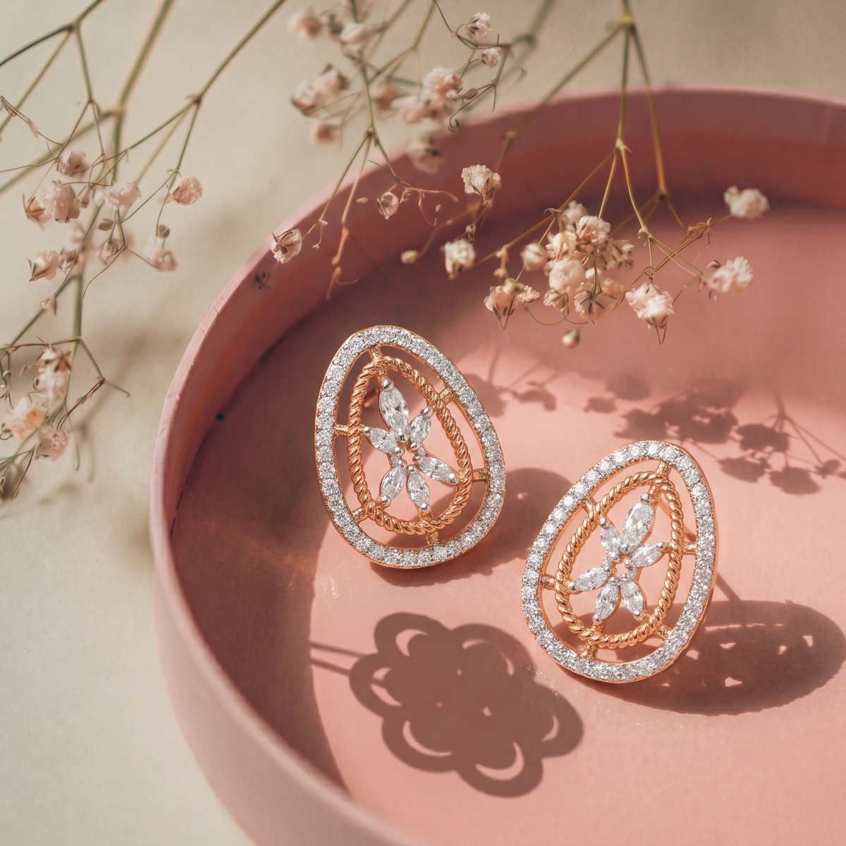 Gold Plated Brass Oval Filigree American Diamond Stud Earrings for Women